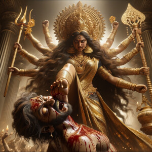 portrait of angry looking goddess durga pinning a weak mahishasur to the ground with her foot. She is wearing gold armor, a huge gold crown, gold saree, abundant  gold jewelry, covered in blood. The scene is set in ancient India. The image is 8K resolution, photography, cinematic, ultra detailed face and epic