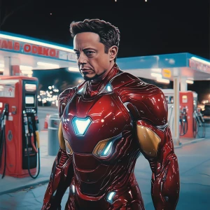 Elon Musk as Iron Man with Christmas style. elon robbing a gas s...