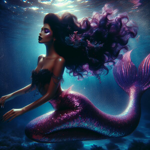 beautiful mermaid dark brown skin , brown skin long wavy hair,...