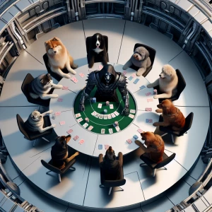 Darth Vader playing poker with different breeds of dogs, each sh...