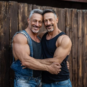 Two bodybuilder men sharing a warm and affectionate embrace, con...