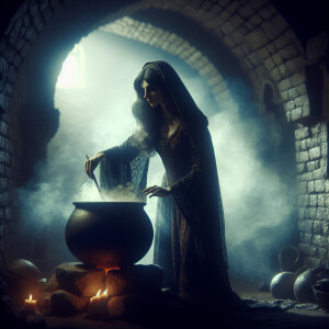 dark hair witch stiring the cauldron in dark dungeon