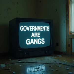 An uncomfortable vandalized room with a tube TV that says “GOVERNMENTS ARE GANGS” on the screen