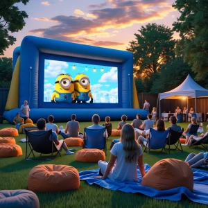 Outdoor movie night for ex-large inflatable screen playing Minio...