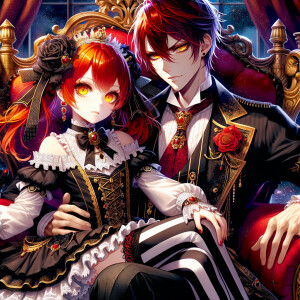 Lilith as a girl with elegant gothic lolita dress sit on the lap of handsome lucifer, the girl has red hair and golden eyes, thrones, blackand red elegant luxury background, Lucifer evil smirk, Obsession and Ownership