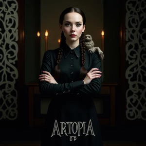 A hyper-realistic ultra-HD vertical portrait of Wednesday Addams...