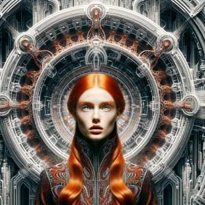 Create an image of a large, elaborate cybernetic portal with a s...