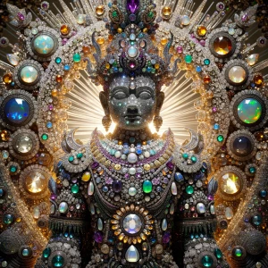 Create a detailed image of a statue composed of various colored...