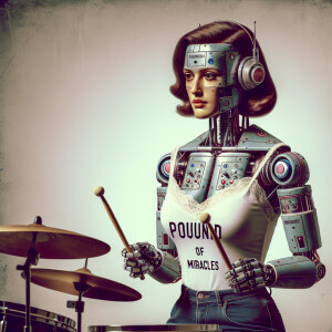 Weird robot playing drums to a beautiful 24-year-old buxom brune...