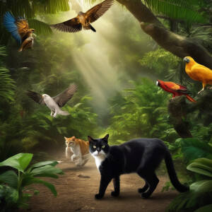 A flying cat with some other animals in the jungle