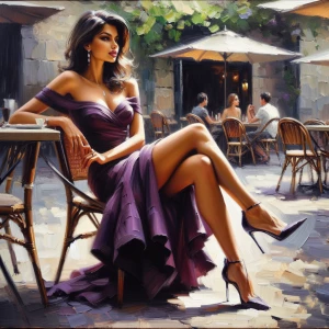 oil painting of a beautiful woman in a purple dress sitting at a...