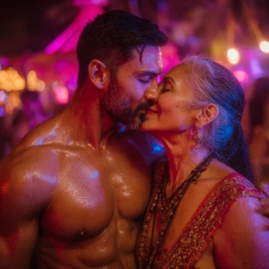 A muscular, sweaty Indian man standing in a corner of a garden w...