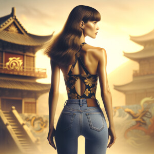 Athletic Thin skinny Attractive, Asian teenage girl, long brown hair and bangs, wearing tight skinny jeans and a halter top paint marks on her clothing, heroic pose Asian graffiti background, backside view