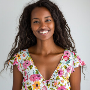 A cute woman

Smiling 

Clothes: Floral Dress

Looks Clean & Mod...