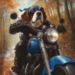 An hyper-realistic image of a St. Bernard riding a blue metallic...