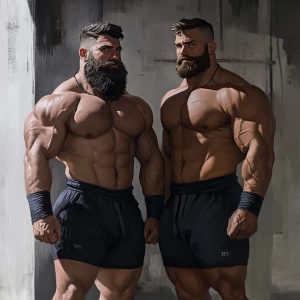 bodybuilder men stand side by side. Both have thick, full beards...