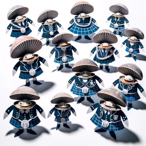 A group of clams wearing Scottish matching dark blue hat kilts t...