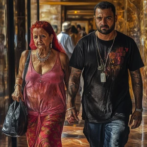 Photorealism .A sweaty beefy man walking with his 54 year old ka...