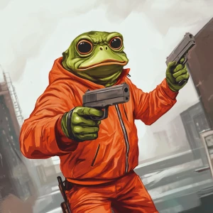 meme PEPE involved in a shootout. Use GTA carton style