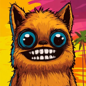 Stylized character portrait of a mischievous designer toy creat...