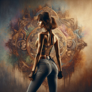 Athletic Thin skinny Attractive, Asian teenage girl, long brown hair and bangs, wearing tight skinny jeans and a halter top paint marks on her clothing, heroic pose Asian graffiti background, backside view