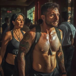 Hyperrealism-photo fantasy,A sweaty tattoed muscular  man walkin...