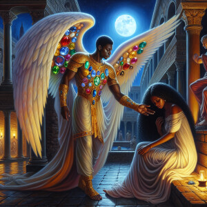 Create an oil painting image featuring a male angel and a grievi...