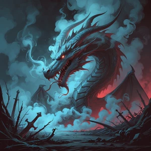 "Illustrate an eerie, sinister Dragon emerging from a swirling mass of toxic fumes. The Dragon's form is barely solid, its features constantly shifting and reforming within the dense, suffocating smoke. Its face, distorted and grotesque, peers out from the fumes with hollow, empty eyes that glimmer with malevolent intent. The mouth, filled with jagged, smoke-formed teeth, stretches into a macabre grin that seems to float and twist in the toxic haze.

The rest of the Dragon's body is an ethereal blend of noxious gases, with appendages elongating and curling like tendrils of poisonous vapor. Around it, the environment is bleak and barren, with twisted remnants of dead vegetation and decrepit, rusted swords half-buried in the ground. The air is thick and acrid, giving off an unsettling, chemical glow that casts eerie shadows.

Stray tendrils of fume slither across the ground, reaching out like ghostly fingers toward any living thing that comes near. The overall color palette should be muted and dark, with sickly blues, crimson, and blacks dominating the scene, to enhance the toxic and foreboding atmosphere. 

This visual blend of smoke and sinister Dragon should elicit a sense of dread and unease, making it both fascinating and horrifying."