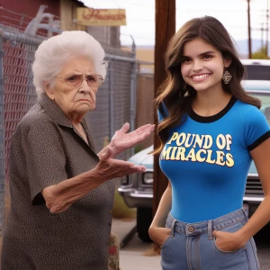 Create a color film photograph from 1973 of an elderly woman poi...