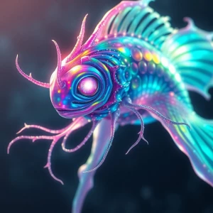 A luminously shimmering Zorvaxian fishlike alien, its iridescent...
