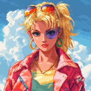 Create a digital image of a female character in a 16-bit art sty...