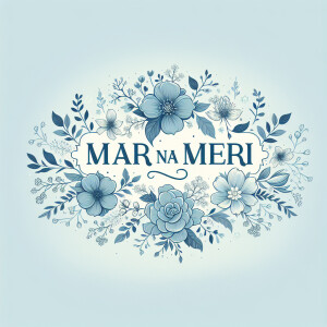 Сдалай логотип «MARI na MERI» в нежно голубом фоне с цветами и б...