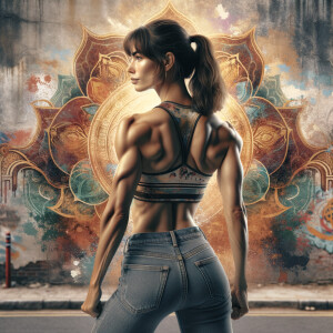 Athletic Thin skinny Attractive, Asian teenage girl, long brown hair and bangs, wearing tight skinny jeans and a halter top paint marks on her clothing, heroic pose Asian graffiti background, backside view