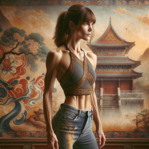 Athletic Thin skinny Attractive, Asian teenage girl, long brown hair and bangs, wearing tight skinny jeans and a halter top paint marks on her clothing, heroic pose Asian graffiti background, side view