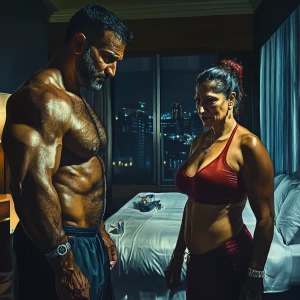 realism art style.A sweaty beefy muscular man standing with his...