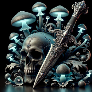 Skull, dagger, mushrooms