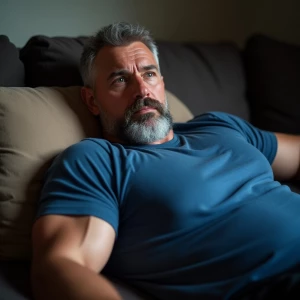 The image shows a muscular bodybuilder man lying on a couch, app...