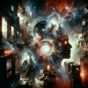 "A surreal double-exposure composition of shadowy, faceless figu...