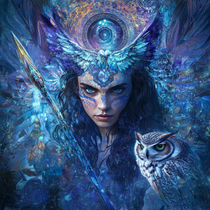 Create a mid-level portrait of Athena, from the waist up, with a...