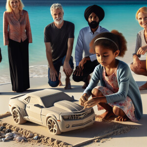 an american cute girl creating a camaro using sand on a clear wa...