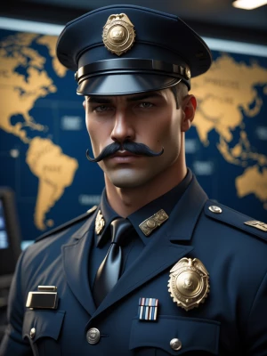 A strikingly handsome and impeccably styled male police officer,...