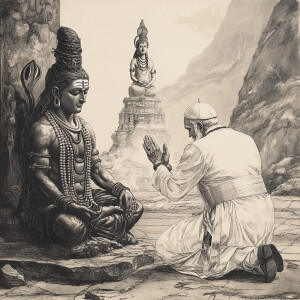 A Pope on his knees worshipping at a statue of Shiva