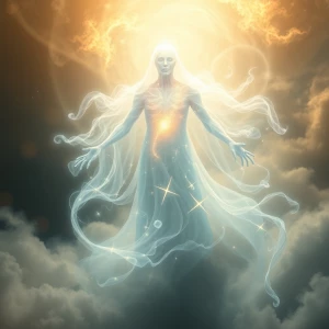 A luminous ethereal digital ghost, shimmering with spectral ligh...