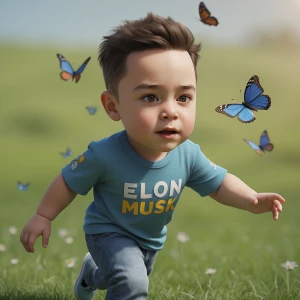 baby Elon Musk in children role with real face and head, runs on...