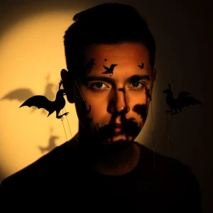 A dramatic portrait featuring a person with shadow puppets cast...