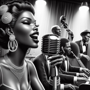 An ultra realistic, portrait of a 1920s jazz club, with a woman...