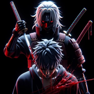 The sinister ninja stands over their fallen enemy, blood drippin...