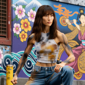 Very thin Athletic Thin skinny Attractive, Asian teenage girl, long brown hair and bangs, wearing tight skinny jeans and a halter top paint marks on her clothing, sitting side view heroic pose Asian graffiti