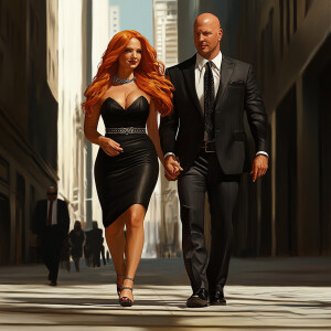Create a photorealistic image of a stylish couple walking down a...