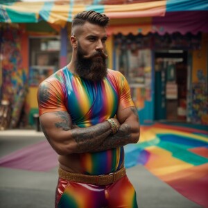 A bearded, muscular man confidently stands with his hands in his...